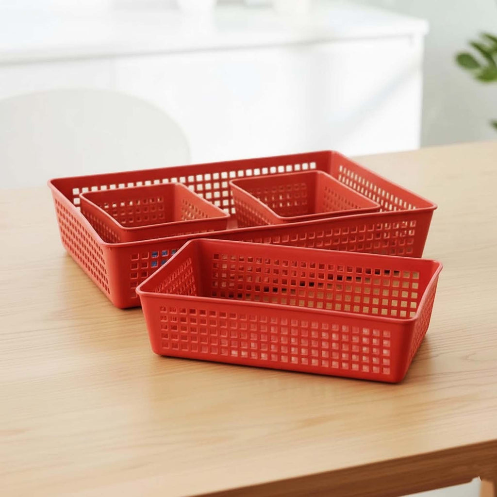 GoHooked 4-piece red plastic storage basket set with ventilated grid design for home and office organization.