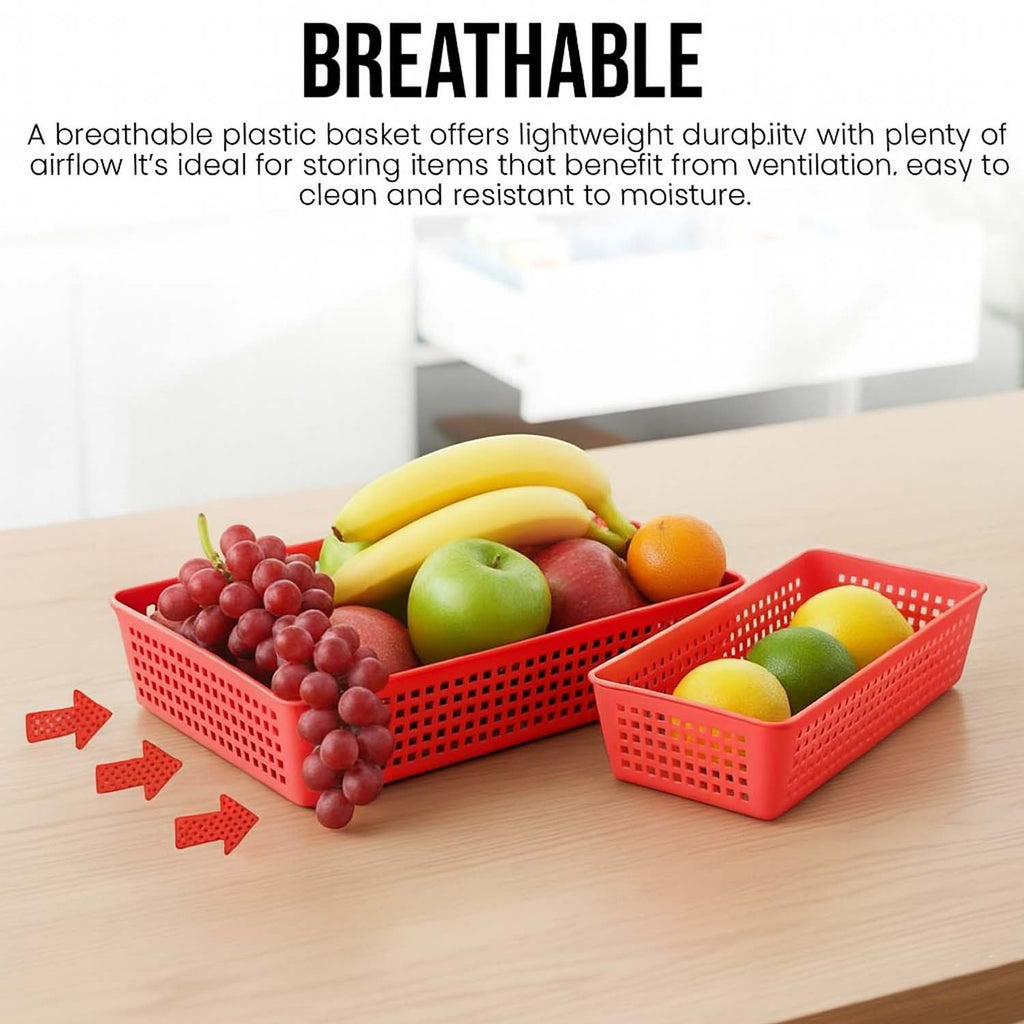 GoHooked red plastic storage baskets with ventilated grid design holding fresh fruit on a wooden table