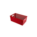 GoHooked red plastic storage bin with cut-out handles and a perforated design. Ideal for home, office, or kitchen organization.