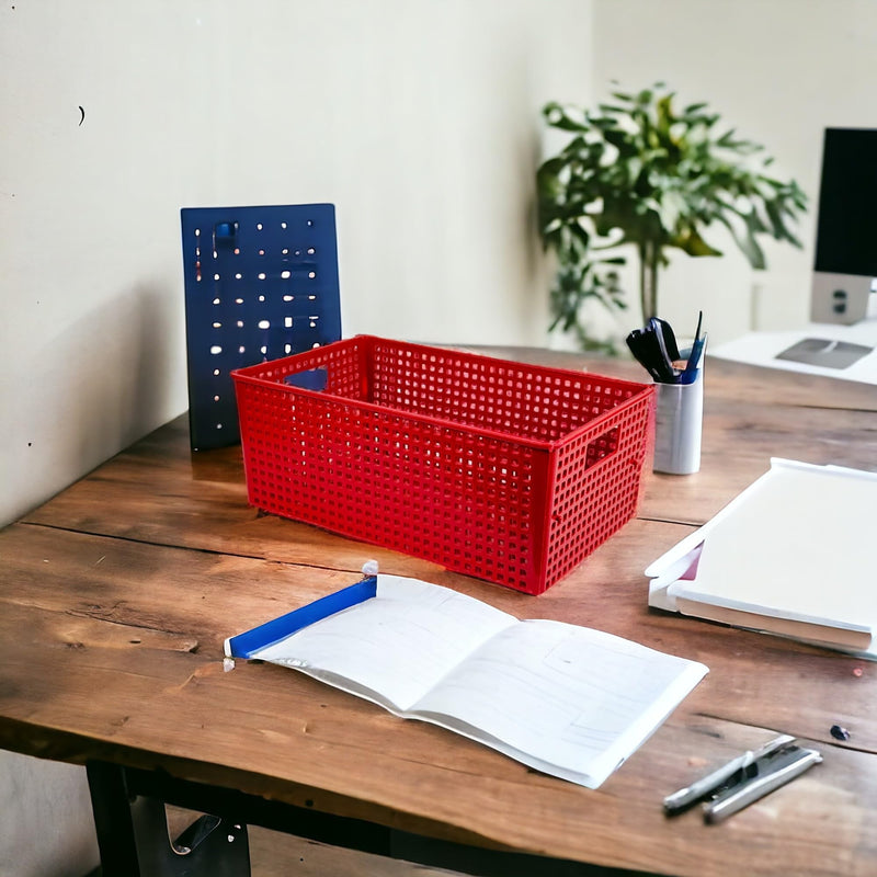 GoHooked red plastic storage bin with cut-out handles and perforated sides, ideal for home or office organization.