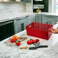 GoHooked red plastic storage bin with handles, ideal for kitchen or home organization. Stackable design.