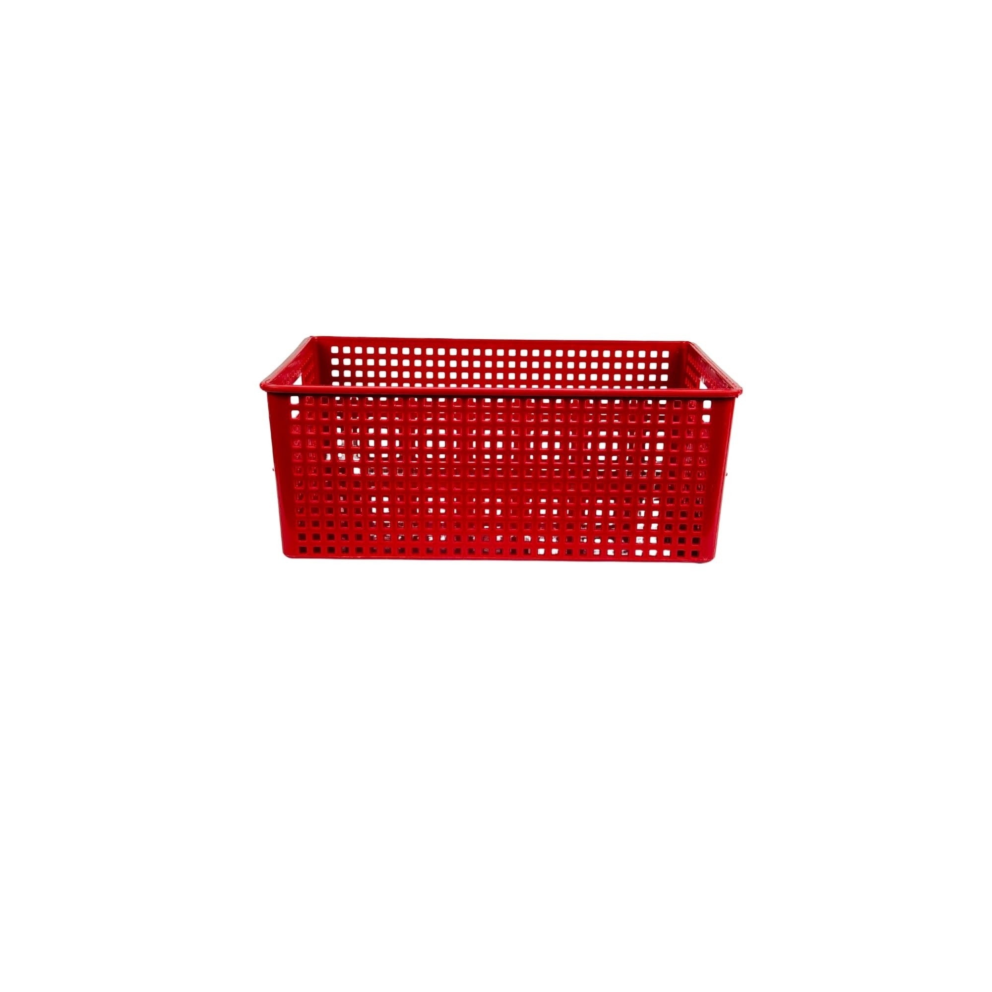 GoHooked red plastic storage bin with a perforated design. Ideal for home, office, or kitchen organization.