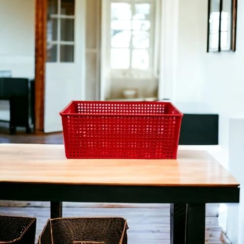 GoHooked red plastic storage bin with perforated sides, 22.5D x 40W x 22.5H CM, stackable for home or office.