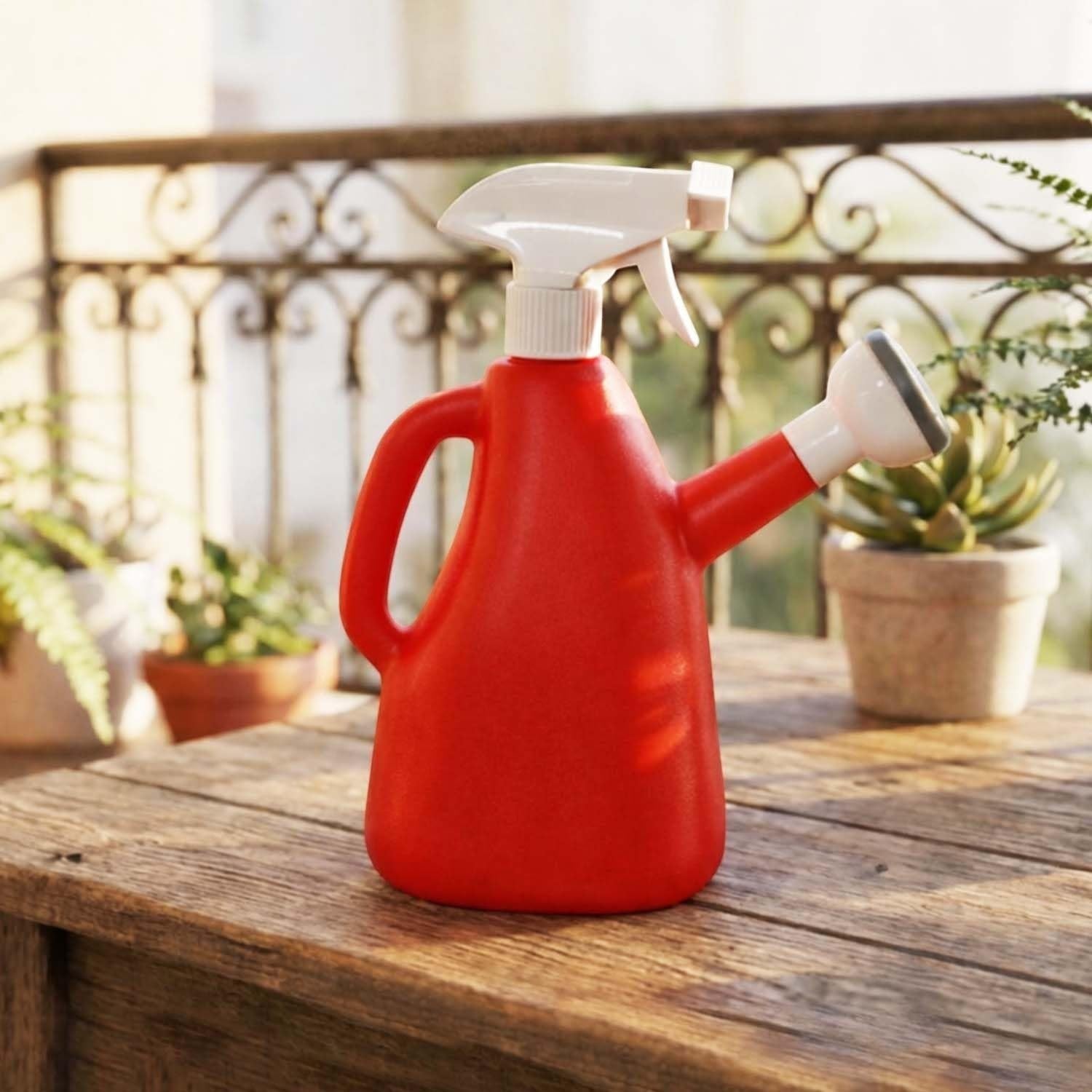 GoHooked red plastic 1L watering can with white spray bottle nozzle and shower head, ideal for indoor plants.