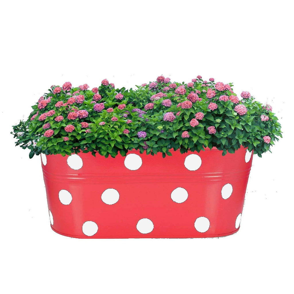 GoHooked red metal planter with white polka dots, filled with pink and purple flowers and green foliage.