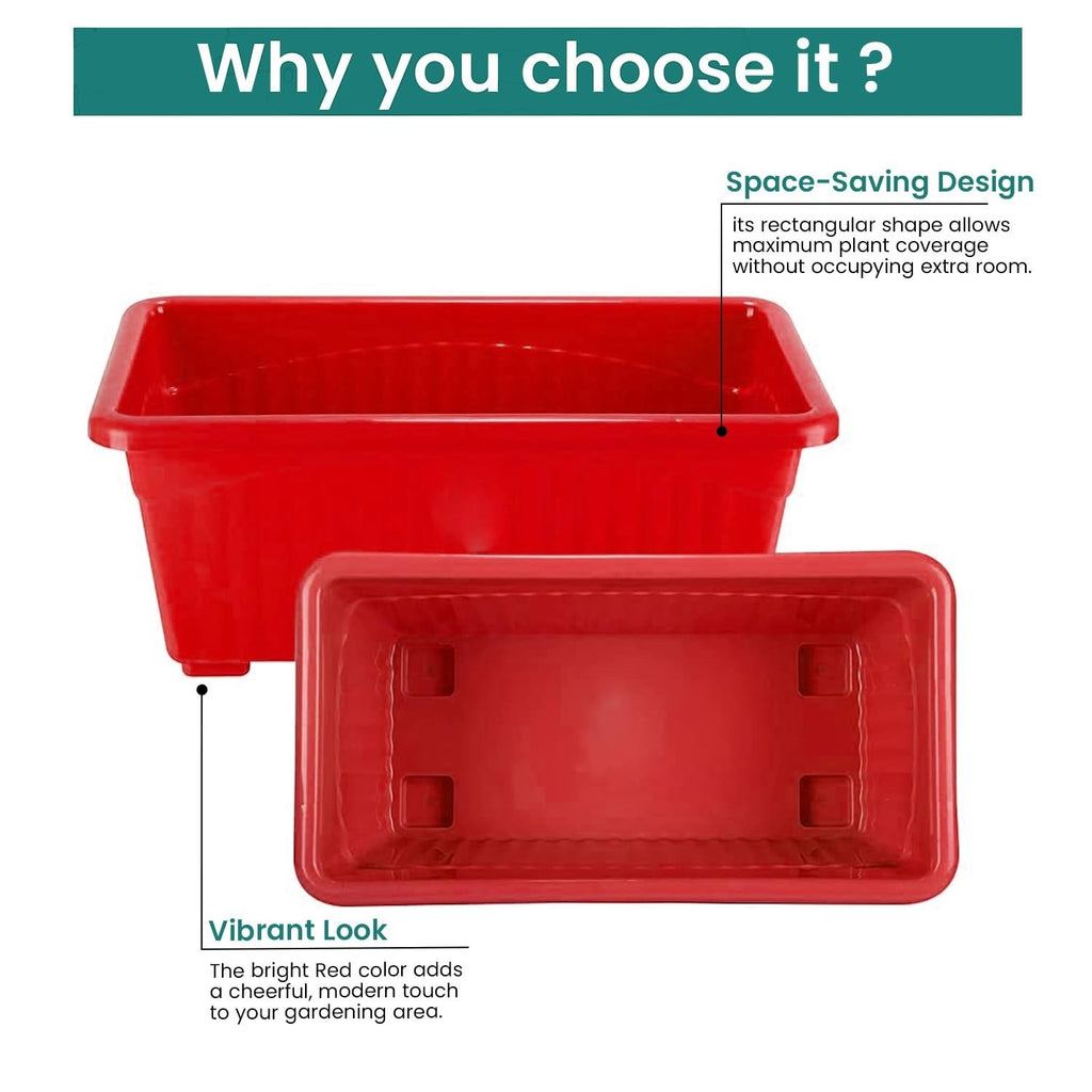 GoHooked Set of 3 red rectangular plastic plant pots, 35x18.5x15 cm, rust-resistant, ideal for indoor/outdoor use.