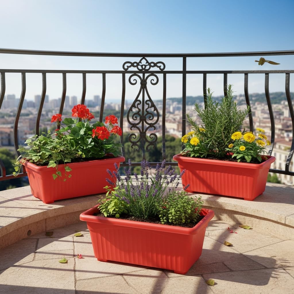 GoHooked Set of 3 red rectangular plastic plant pots with ribbed texture, ideal for balconies and gardens.