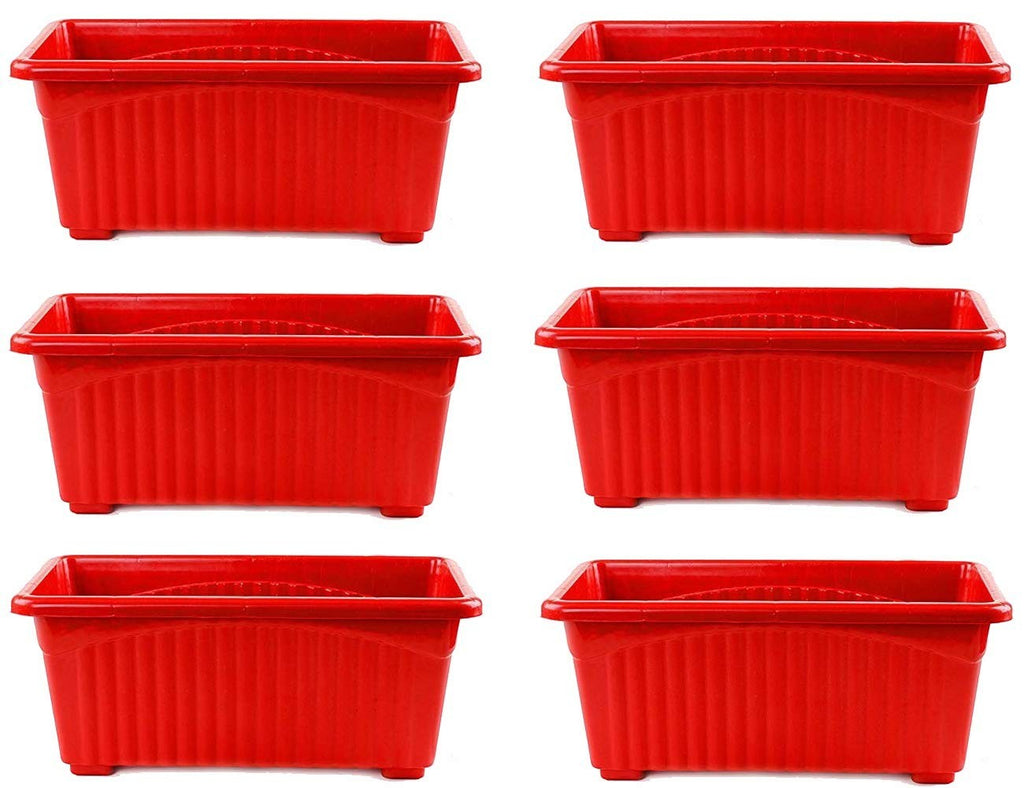 GoHooked set of 6 red rectangular plastic plant pots with ribbed texture and raised feet. Ideal for home or garden.