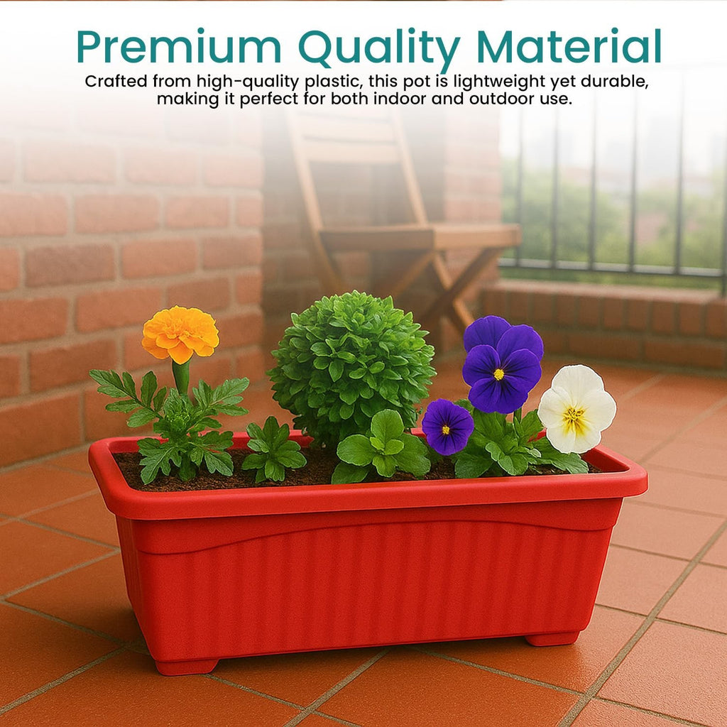 Go Hooked red rectangular plastic planter pot with ribbed texture, holding marigold, pansies, and green foliage.