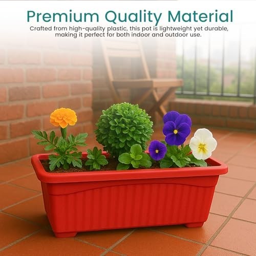 GoHooked red rectangular plastic planter pot with fluted sides, holding marigolds, pansies, and greenery.