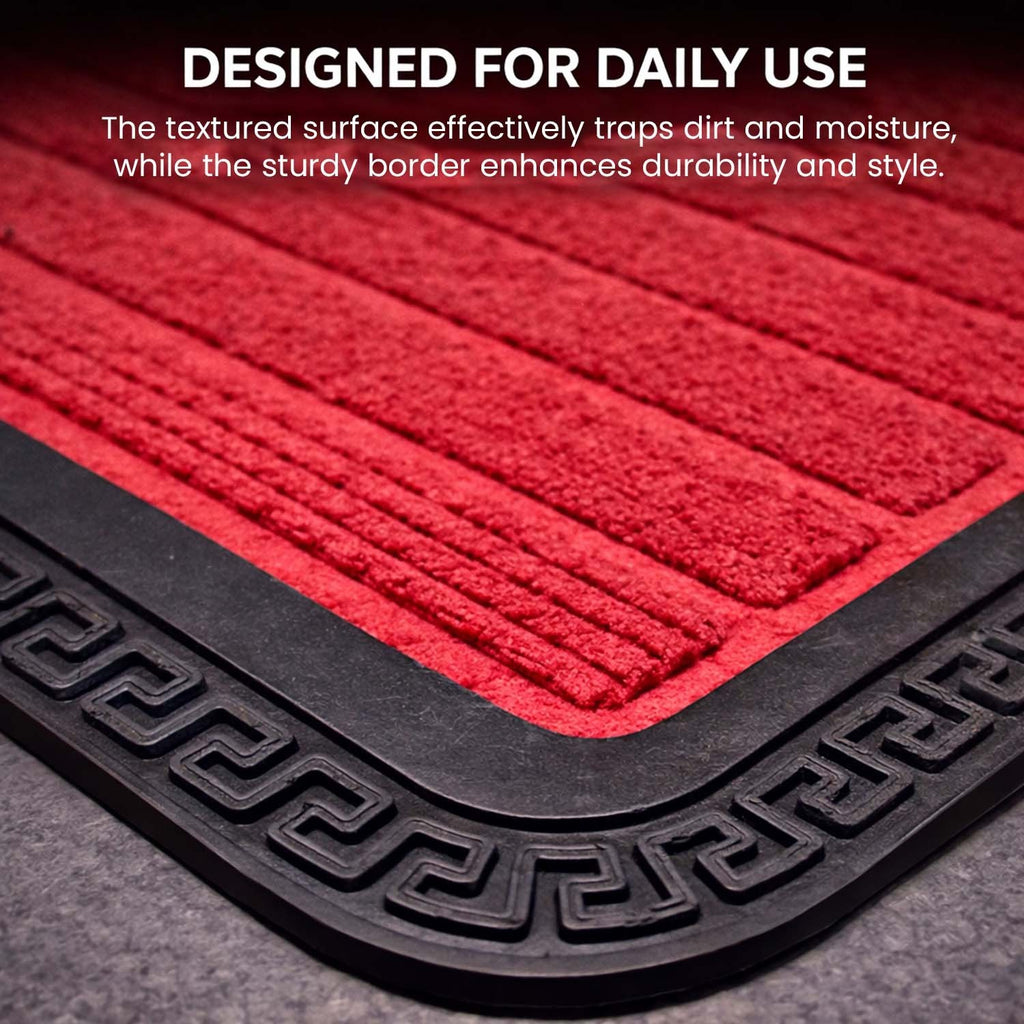 GoHooked red rubber door mat with ribbed texture and decorative black border for dirt trapping in home entrances.