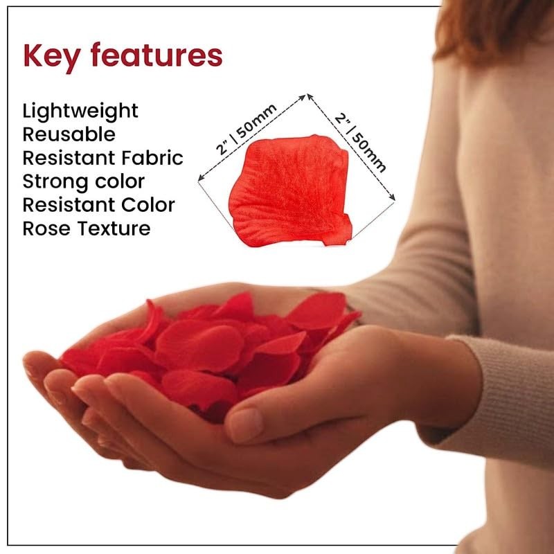 GoHooked red artificial rose petals, lightweight, reusable, resistant fabric, strong color, rose texture. 2" x 2" size.