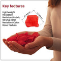 GoHooked red artificial rose petals, lightweight, reusable, resistant fabric, strong color, rose texture. 2" x 2" size.