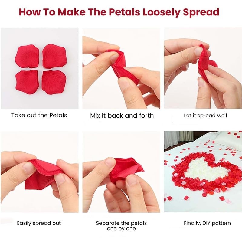 GoHooked red artificial rose petals being spread on a white bed for romantic decor. Instructions show how to separate petals.