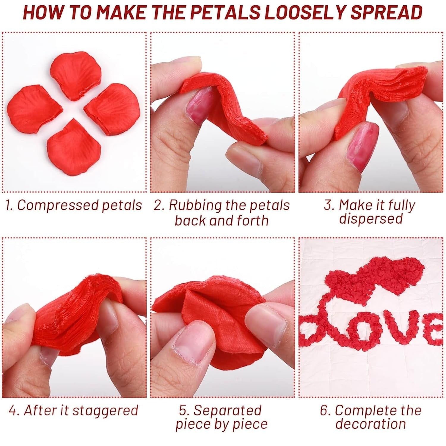 GoHooked red artificial rose petals being separated and arranged to spell 'LOVE' for romantic decor.