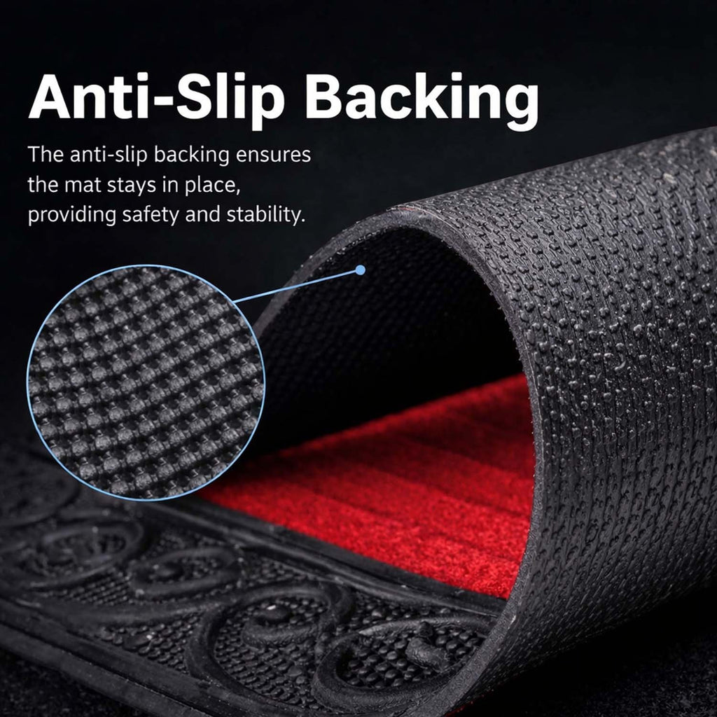 GoHooked red rubber door mat with a textured anti-slip backing and decorative border for home entrance safety.