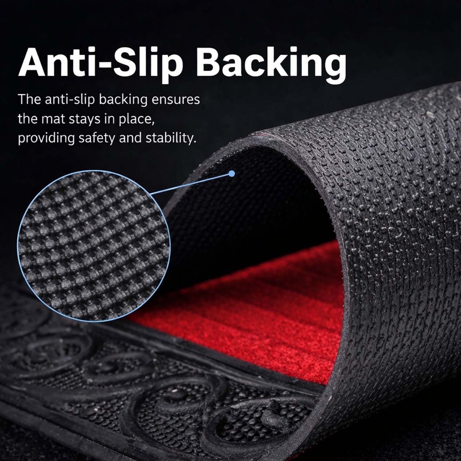 GoHooked red rubber door mat with a textured anti-slip backing and decorative border for home entrance safety.