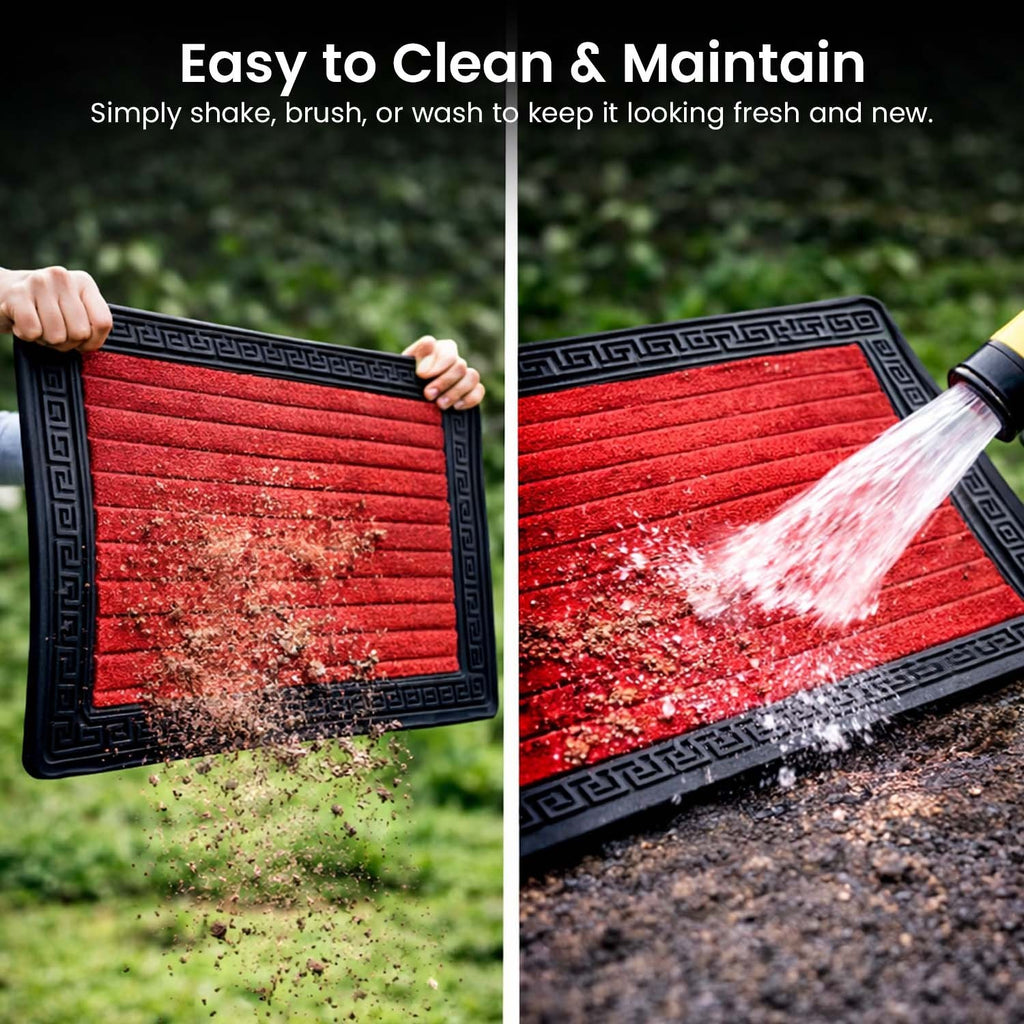 GoHooked red rubber door mat with ribbed texture being cleaned with water and shaken to remove dirt outdoors.
