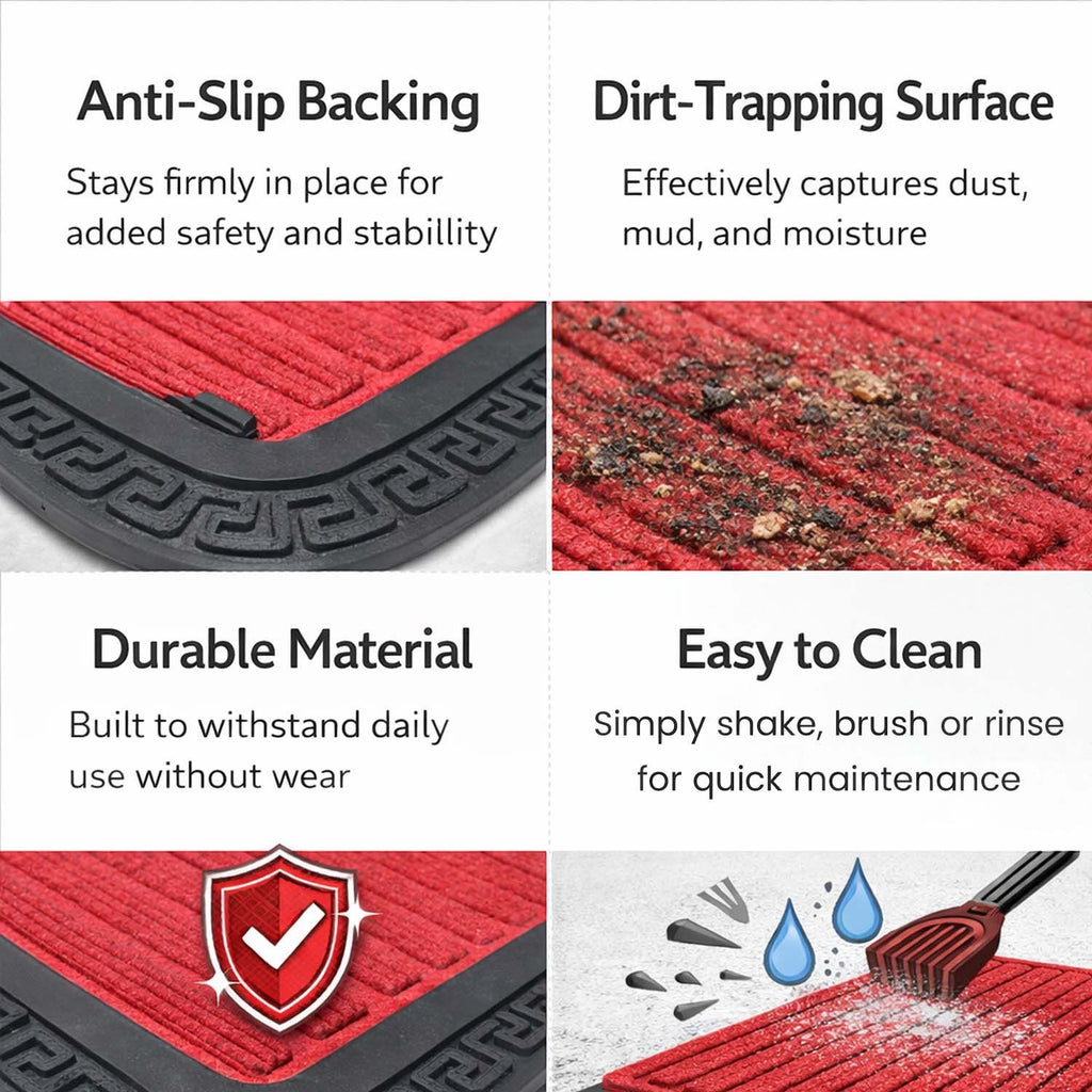 GoHooked red rubber door mat with ribbed surface, anti-slip backing, and dirt-trapping design for home entrance.