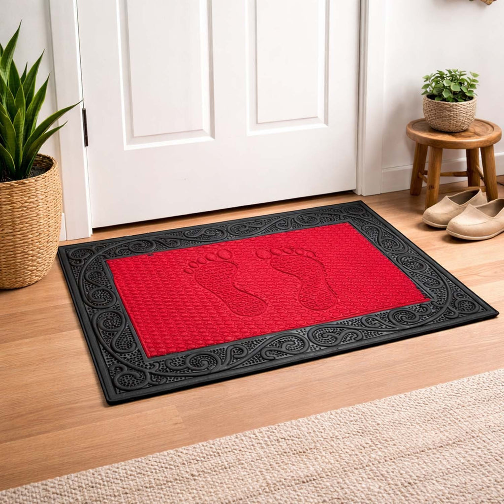 GoHooked red rubber door mat with black decorative border and footprint texture for indoor and outdoor entryways.