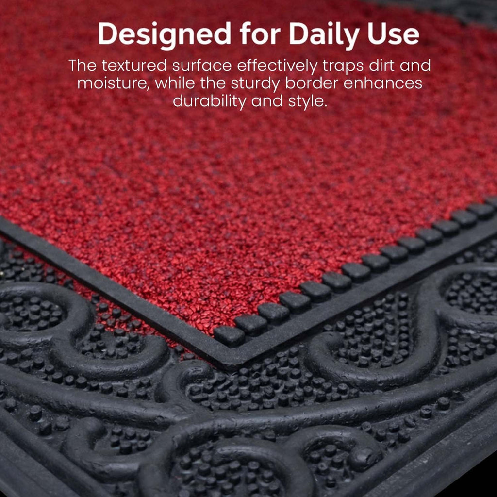 GoHooked red and black rubber door mat with a textured pebble surface and decorative border for dust control.