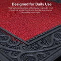 GoHooked red and black rubber door mat with a textured pebble surface and decorative border for dust control.