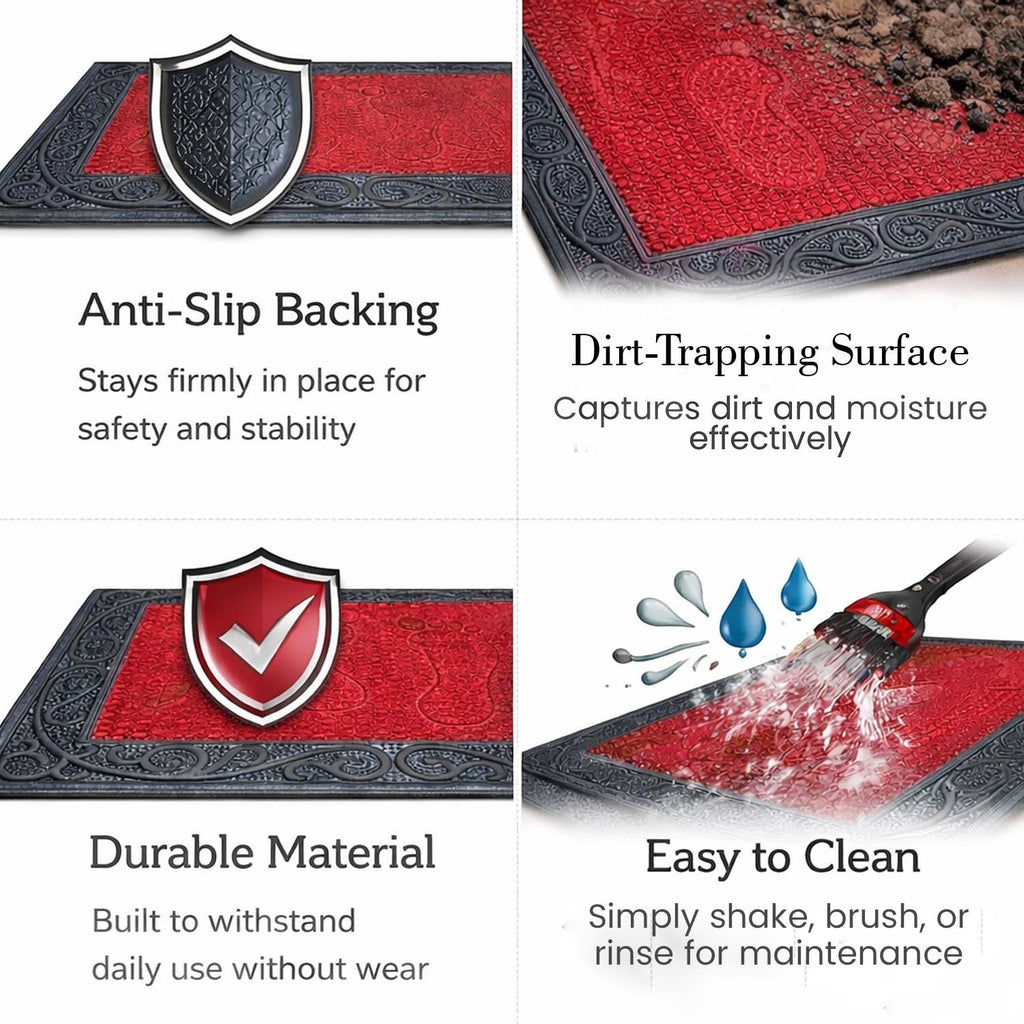 GoHooked red rubber door mat with pebble texture and footprint design, featuring anti-slip backing and easy cleaning.