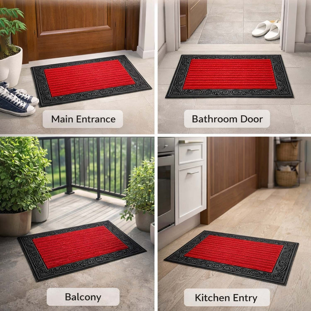 GoHooked red rubber door mat with a black decorative border and ribbed surface, shown in various home entrances.