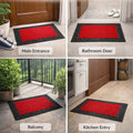 GoHooked red rubber door mat with a black decorative border and ribbed surface, shown in various home entrances.