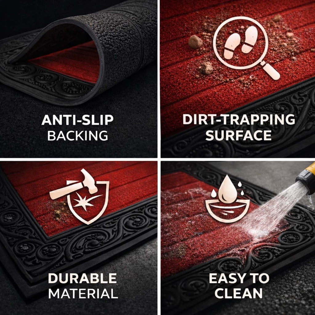 GoHooked red rubber door mat with anti-slip backing, ribbed dirt-trapping surface, and decorative border design.