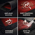 GoHooked red rubber door mat with anti-slip backing, ribbed dirt-trapping surface, and decorative border design.
