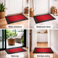 GoHooked red rubber door mat with pebble texture and footprint design, shown in various home entryways.