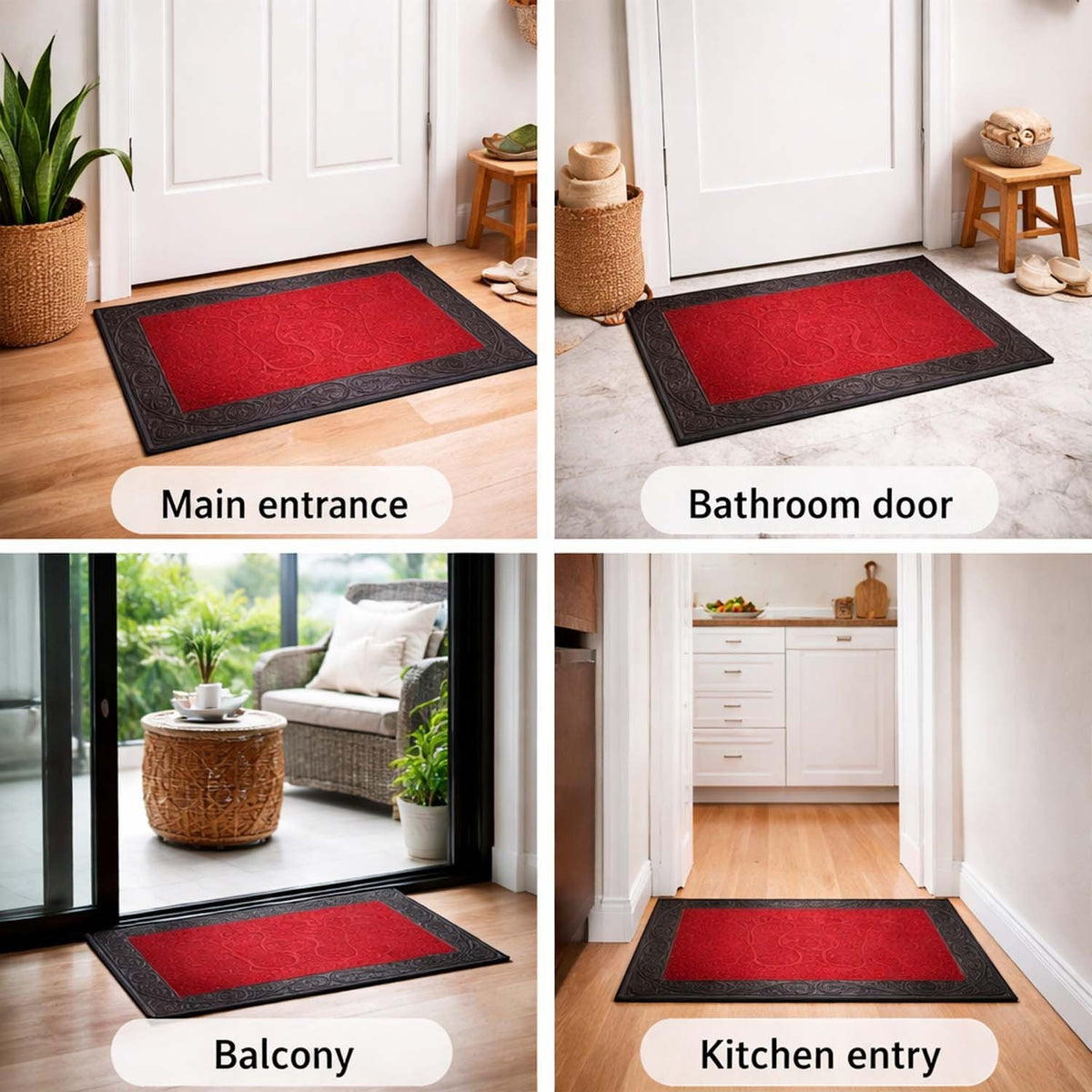 GoHooked red rubber door mat with pebble texture and footprint design, shown in various home entryways.