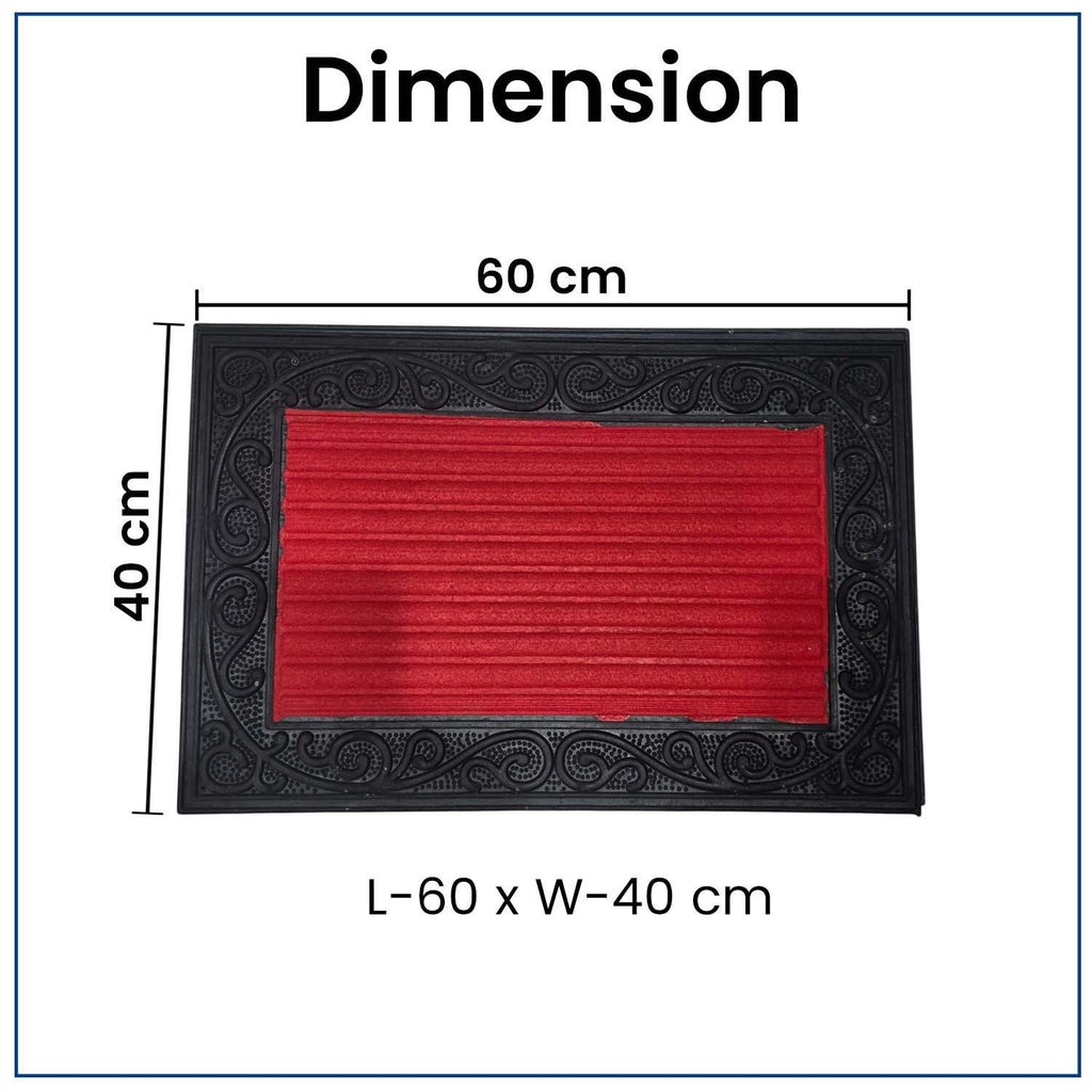 GoHooked red and black rubber door mat with a ribbed center and decorative border, measuring 40x60 cm.