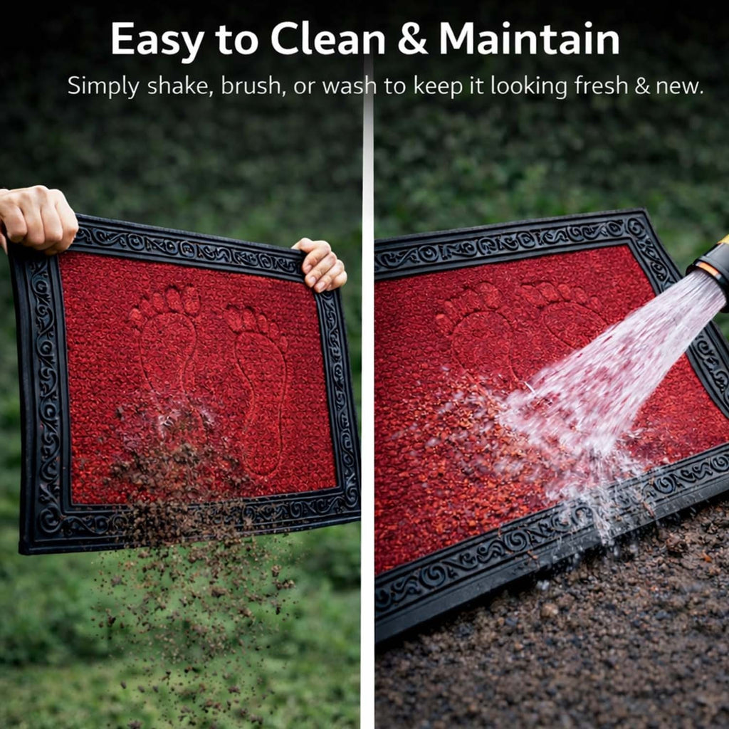 GoHooked red rubber door mat with pebble texture and footprint design being cleaned with water and shaken outdoors.