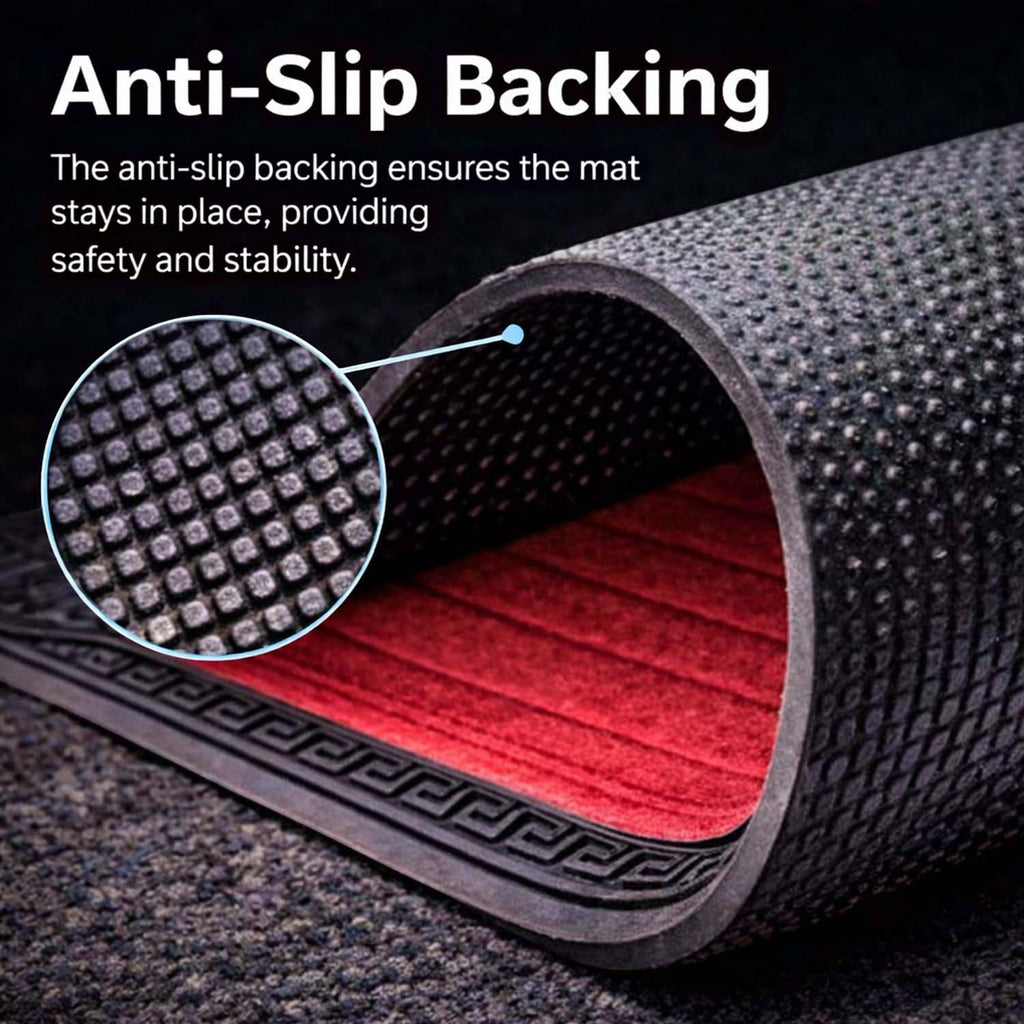 GoHooked red rubber door mat with ribbed surface and anti-slip textured backing for home entrance safety.