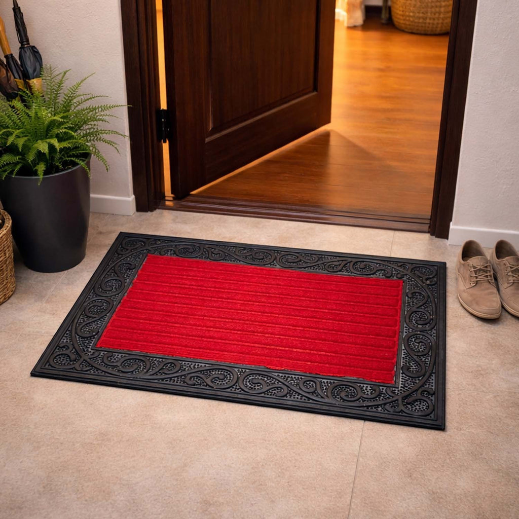 GoHooked red rubber door mat with a black decorative border and ribbed surface for home entrance dirt trapping.