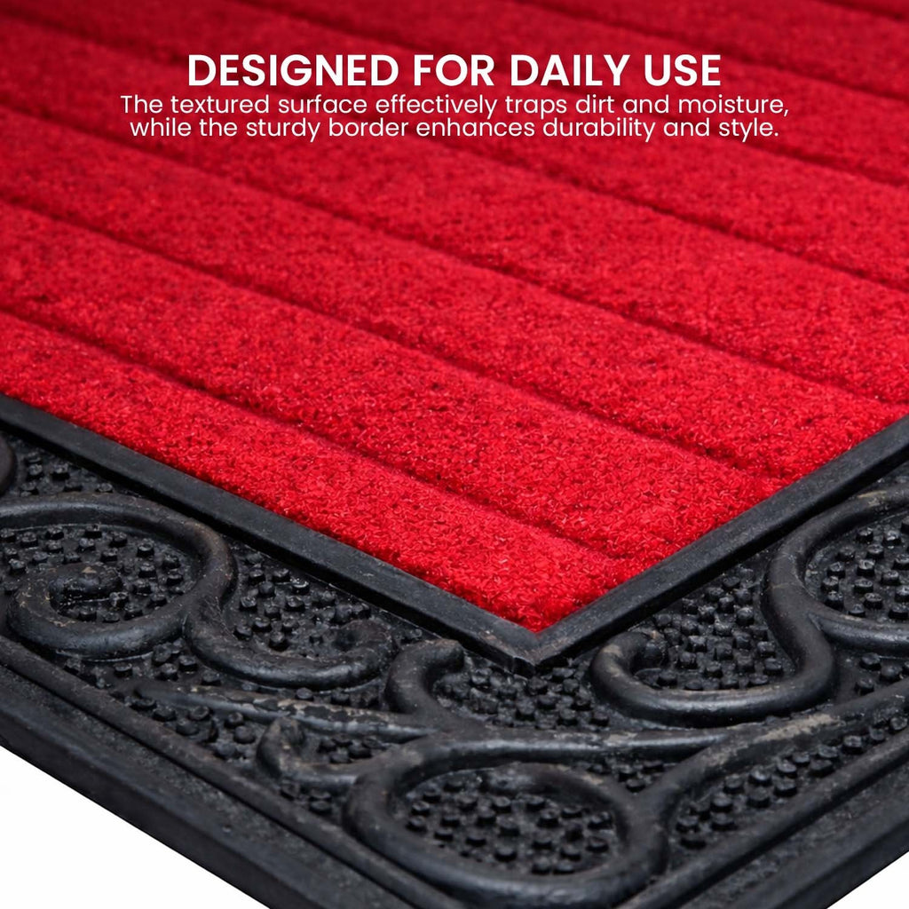 GoHooked red rubber door mat with a ribbed surface and decorative black border for dirt trapping