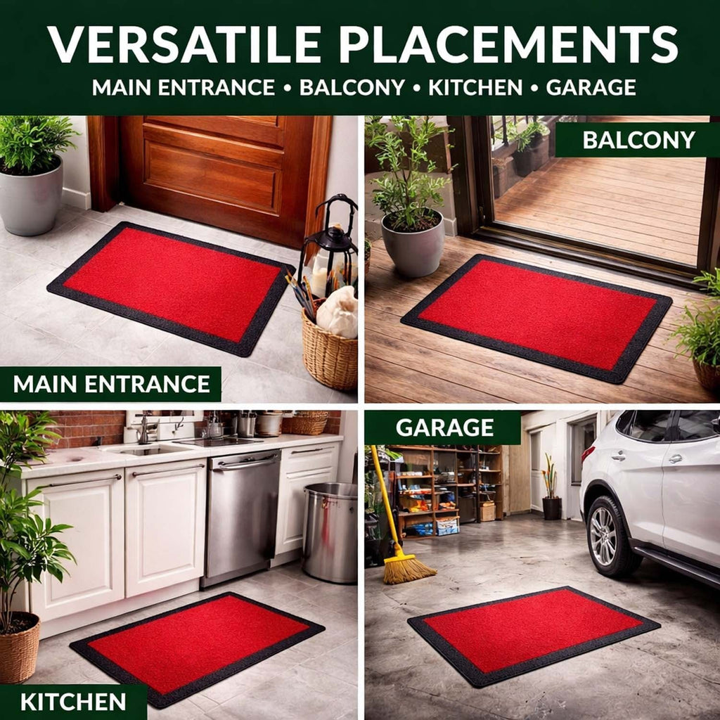 GoHooked red rubber door mat with black border, featuring a ribbed texture for trapping dirt in various home settings.