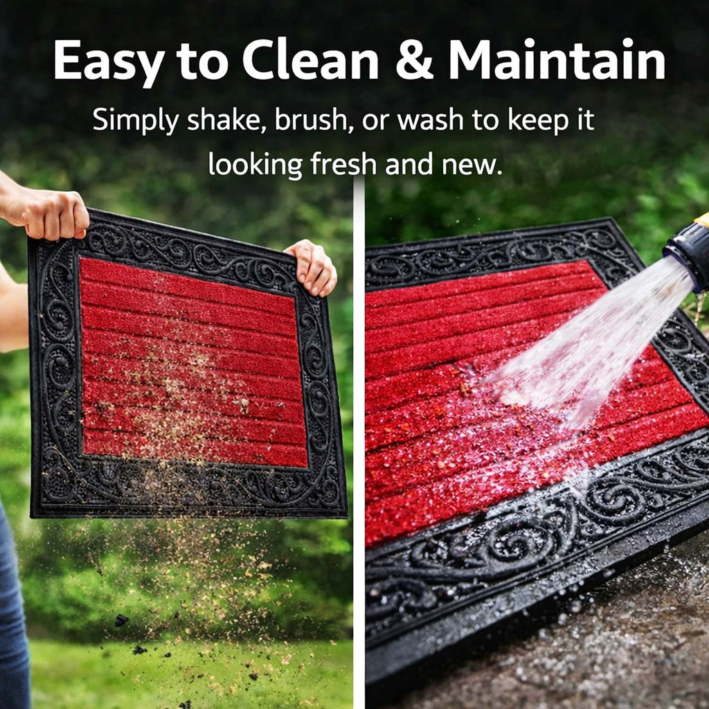 GoHooked red rubber door mat with a decorative black border and ribbed surface being cleaned outdoors.