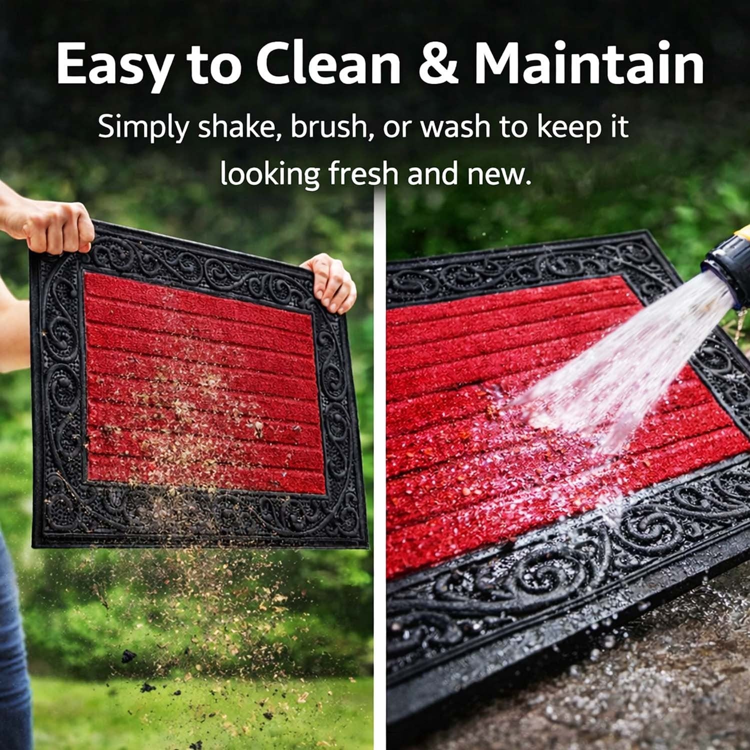 GoHooked red rubber door mat with a decorative black border and ribbed surface being cleaned outdoors.