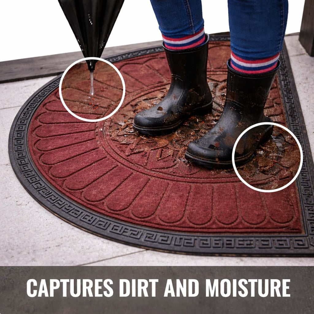 GoHooked red semi-circle rubber door mat with black border, capturing dirt and moisture from muddy boots.