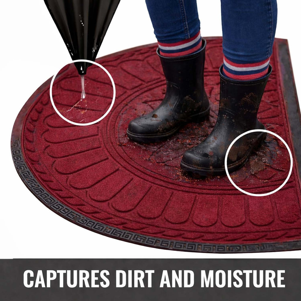 GoHooked red rubber half circle door mat with embossed floral pattern, capturing dirt and moisture from muddy boots.