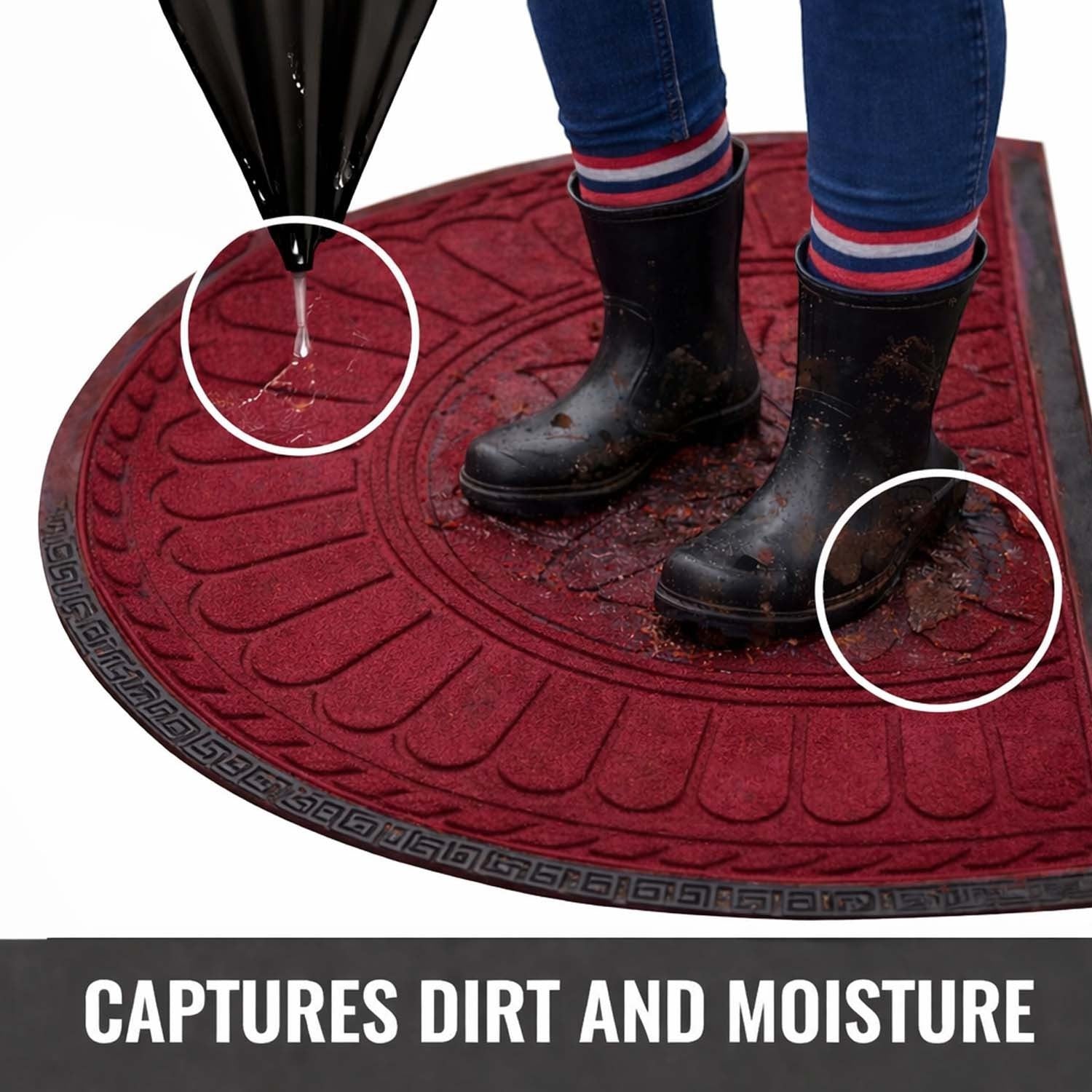 GoHooked red rubber half circle door mat with embossed floral pattern, capturing dirt and moisture from muddy boots.
