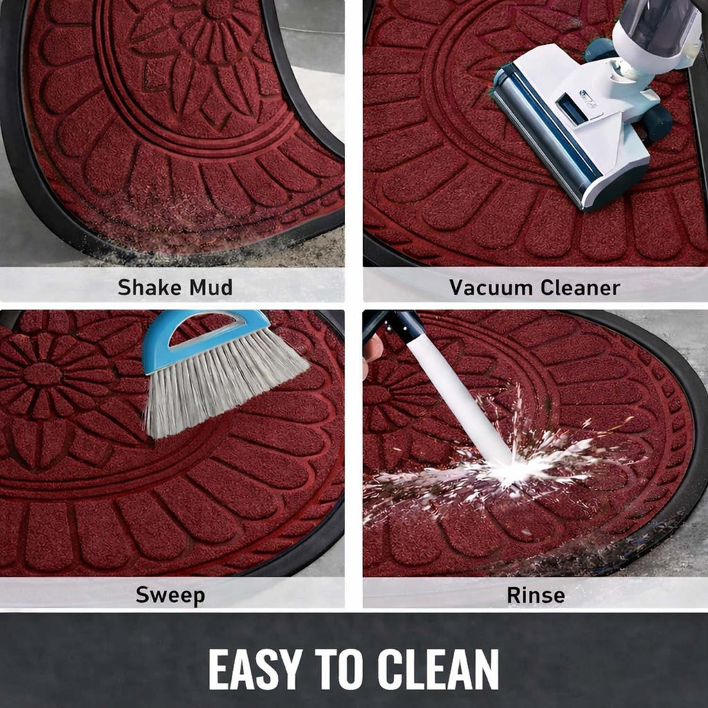 GoHooked Imperial Lotus red rubber half circle door mat showing easy cleaning methods like vacuuming and rinsing.
