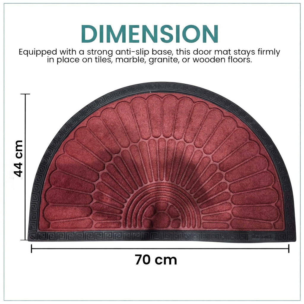 GoHooked red rubber half circle door mat with sunburst pattern and black border, 70x44 cm anti-slip floor mat.