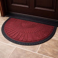GoHooked red semi-circle rubber door mat with a black border and sunburst pattern on a tiled floor.