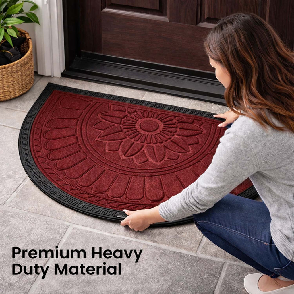 GoHooked Imperial Lotus red half circle rubber door mat with floral embossing and anti-slip border on a tiled floor.