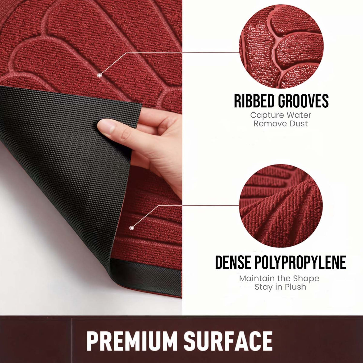 GoHooked red semi-circle rubber door mat with ribbed grooves for dust removal and a durable anti-slip base.