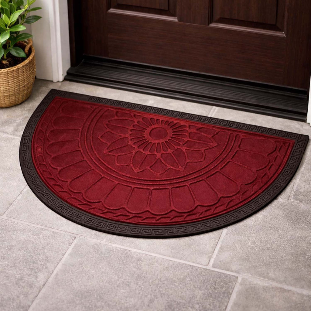 GoHooked half circle rubber door mat in imperial lotus red with embossed floral pattern and anti-slip border.